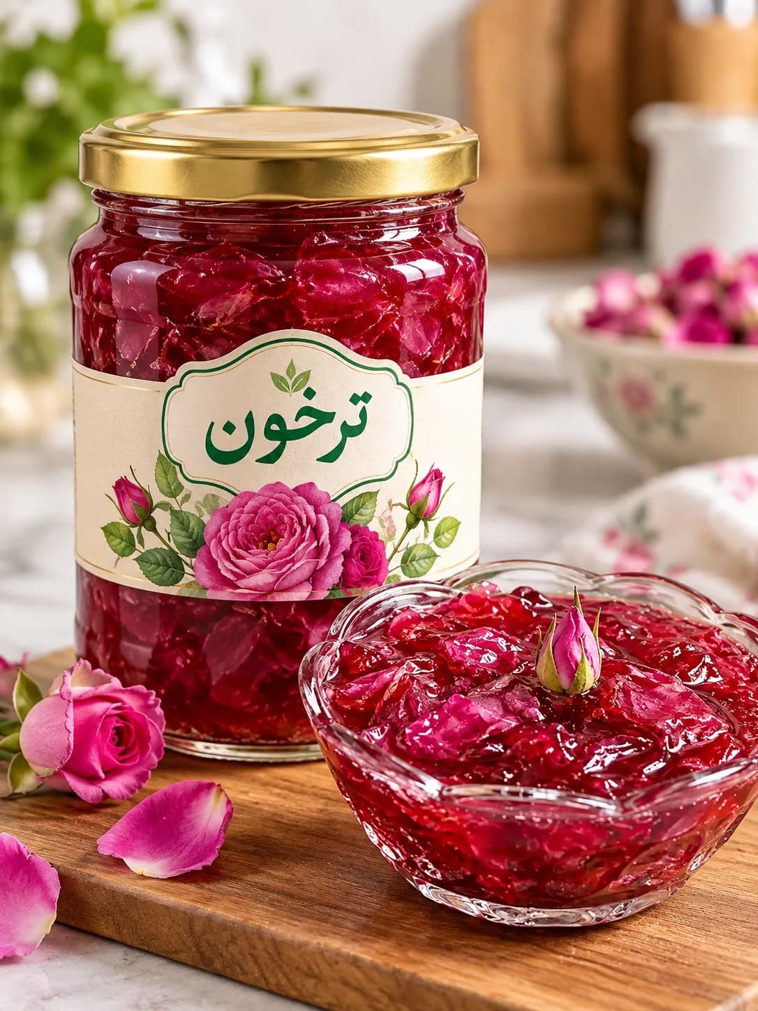 خرید مربای گل سرخ خانگی ترخون | تهیه‌شده از گلبرگ‌های معطر و مرغوب گل محمدی