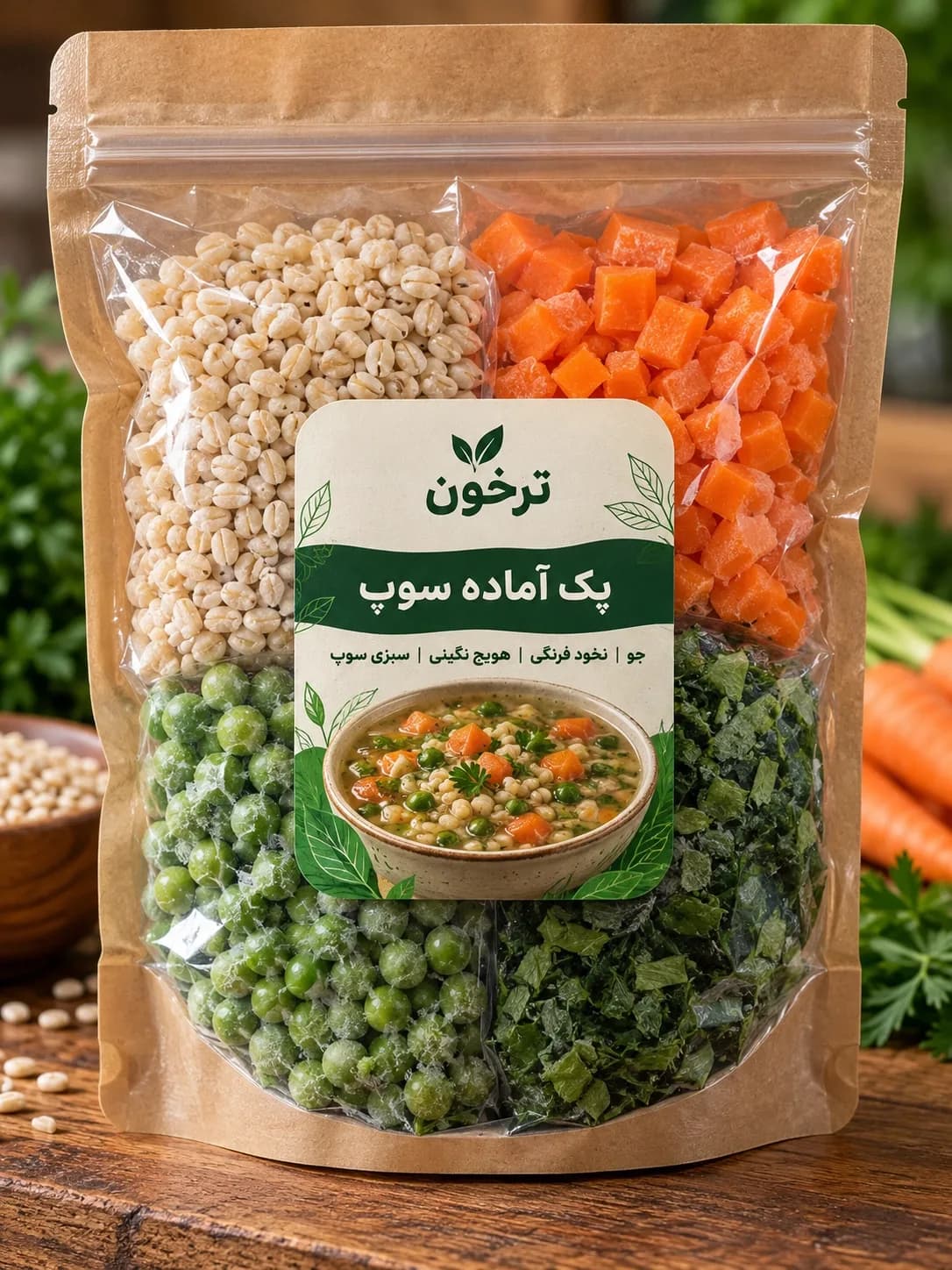 خرید پک آماده سوپ ترخون | ترکیب جو، نخودفرنگی، هویج و سبزیجات تازه، آماده پخت آسان و سریع
