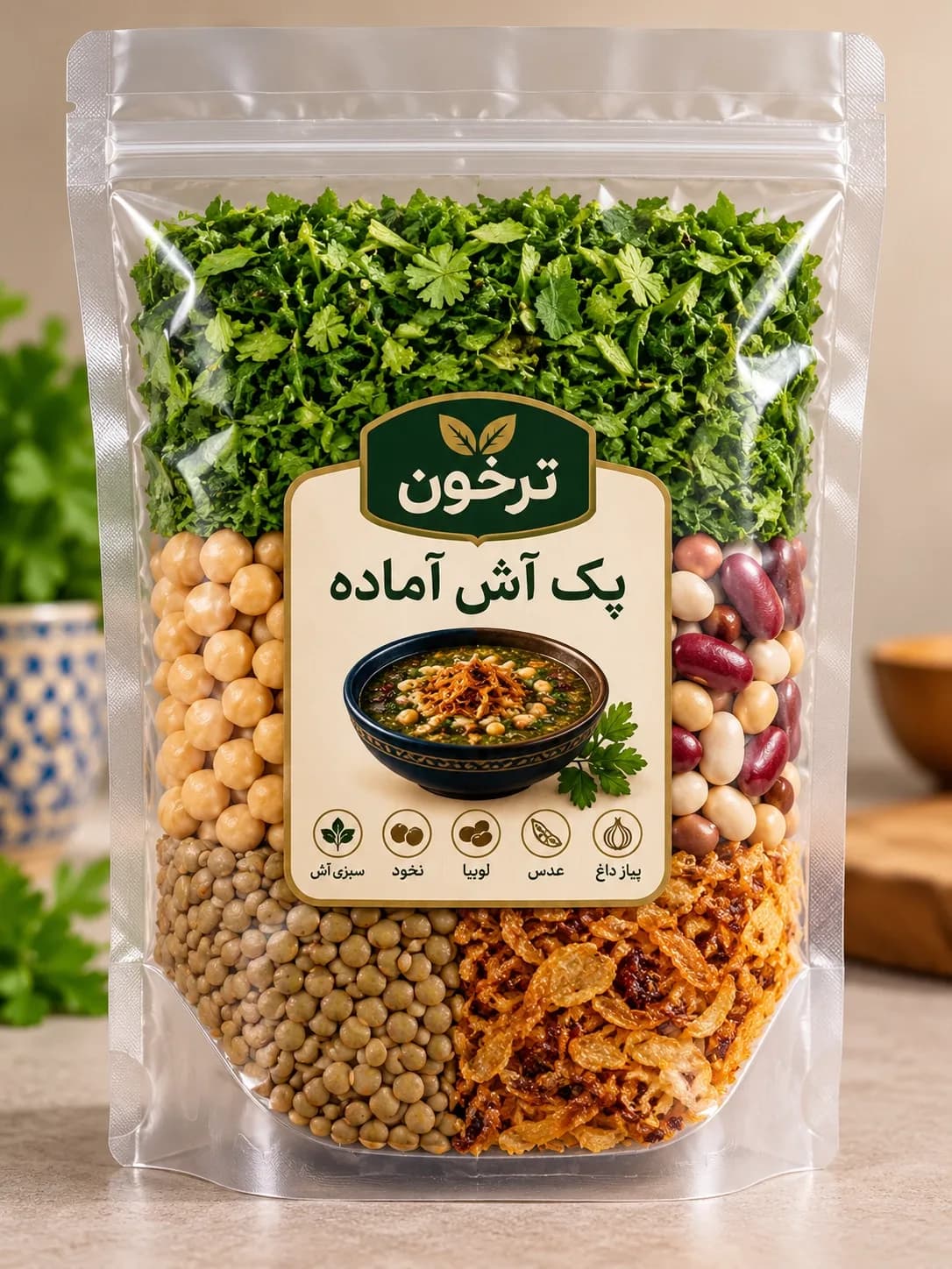 خرید پک آماده آش ترخون | ترکیب حبوبات پخته، سبزی آش و پیازداغ، آماده پخت آسان و سریع